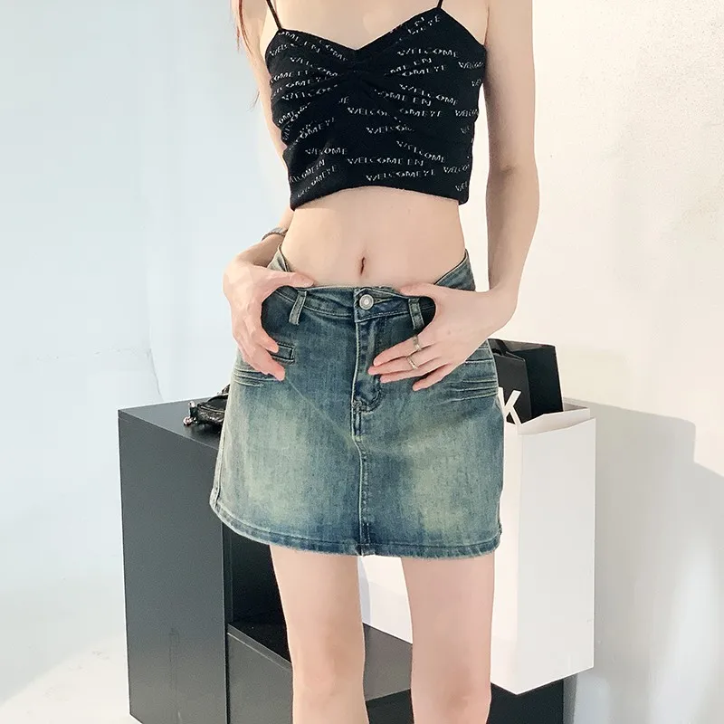 Elastic Mini Denim Skirt Half Skirt Women's High Waist Slim Wrap Hip Skirt A-line Skirts