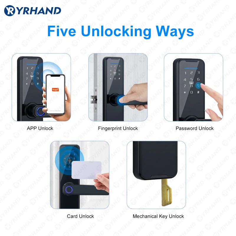 YRHAND K7 fechadura eletronico digital Biometric Black Smart Lock Tuya App Remote Unlocking wifi Lock Electronic Smart Door Lock