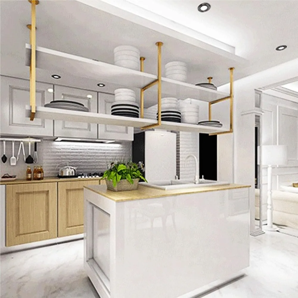 

Gold Floating Shelves for Kitchen – Ceiling & Wall-Mounted Storage Shelving, Decorative Plant Flower Pot Stand for Indoor Use