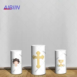 Baptism Cylinder Backdrop Cover Gold Cross Grail Dove Boy First Holy Communion Party Decor God Bless Pedestal Column Cover