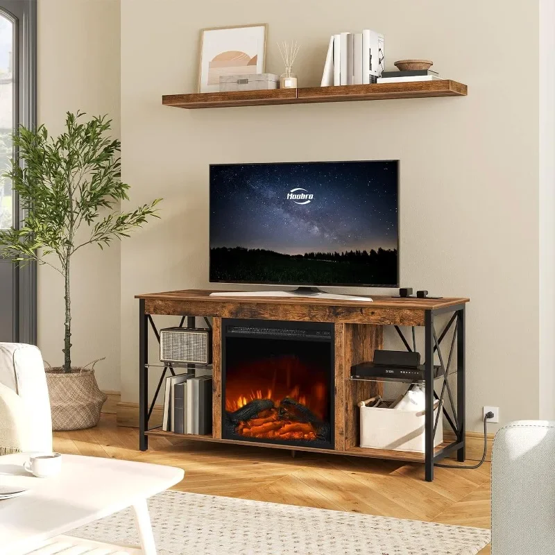 Modern Fireplace TV Stand With Led Lights And Power Outlets, Wooden Media Entertainment Center Console Table With Glass Shelves