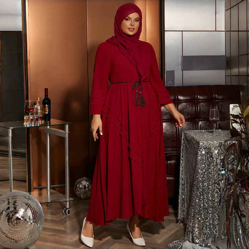 With Hijab Muslim Dress Women Summer Elegant Mulsim Long Sleeve V-neck Kaftan Long Maxi Dress Abayas for Women Abaya Dubai