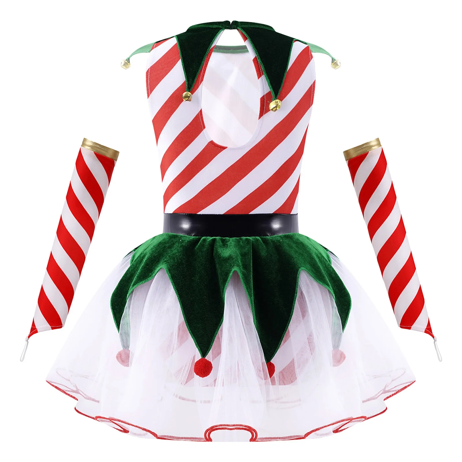 الفتيات عيد الميلاد السيدة سانتا كلوز قزم زي قصب الحلوى شريط شبكة الباليه الرقص توتو فستان الشكل التزلج يوتار مع الأكمام #4