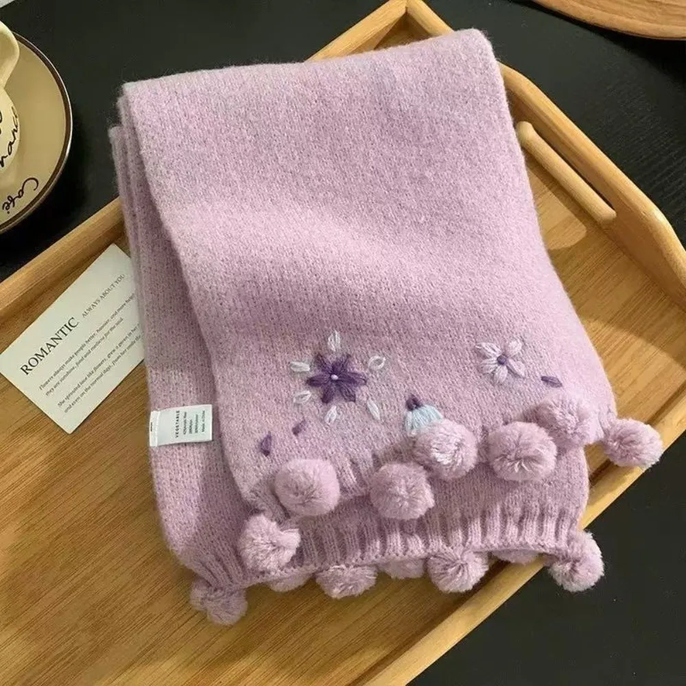 Polyester Floral Embroidered Scarf Decorative Pom Pom 180cm x 12cm Winter Knitted Scarf Cold Proof Korean Style