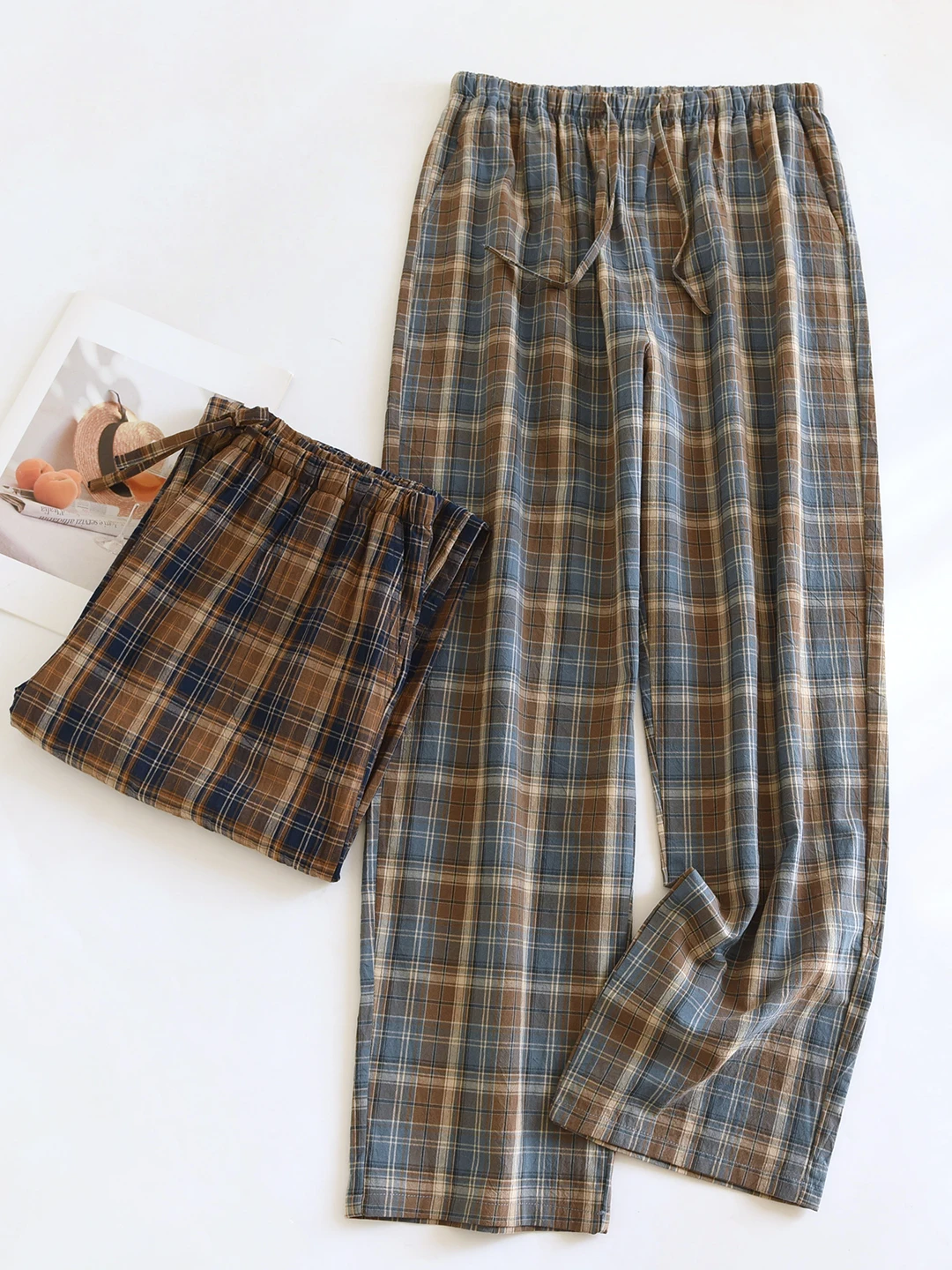 New Men's Plaid Sleepwear Loose Fit Lightweight Pure Cotton Washed Cotton Fabric Long Pants Breathable Home Leisure Trousers