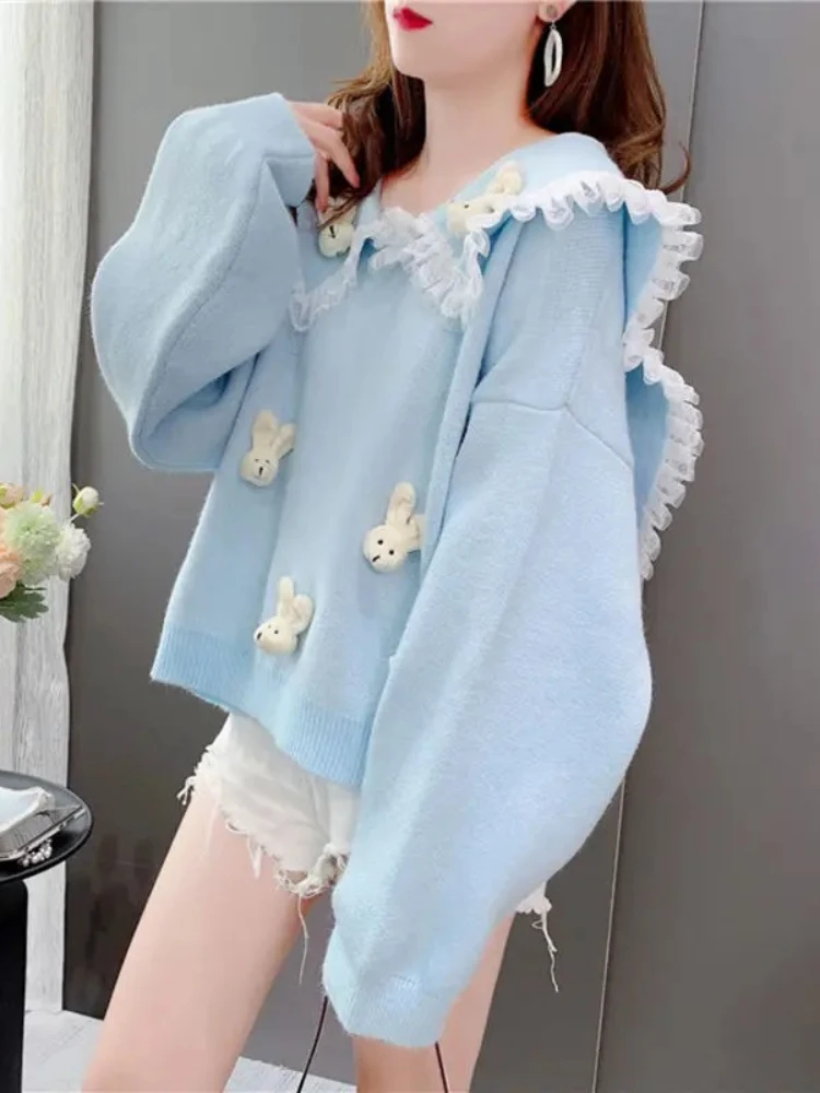 

2025 Sweatshirts Women Sailor Collar Lace Splicing New Sweet Cartoon Sweater Solid Tops Female