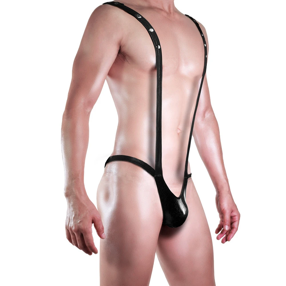 Men PU Leather Bodysuit Adjustable Underwear T-Back G String Thong Y-Shaped Suspender Jumpsuit Penis Big Pouch Gay Lingerie