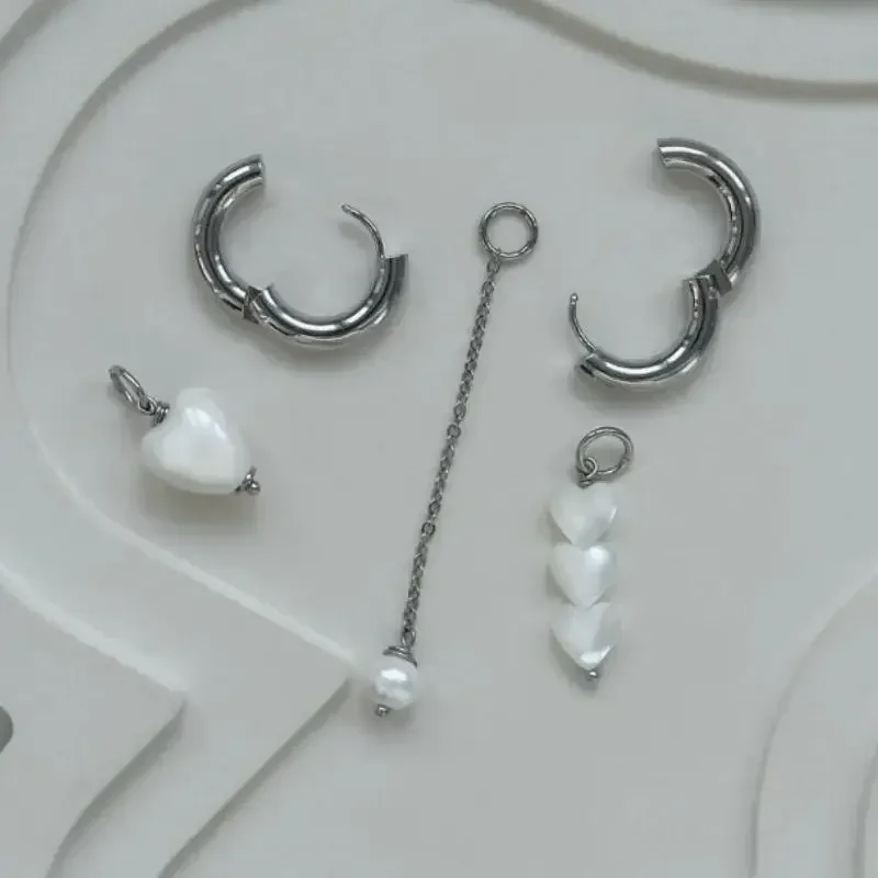 Punk Trendy Geometric Stereo Heart-Shaped Earrings For Women Asymmetrical Imitation Pearl Earrings Jewelry