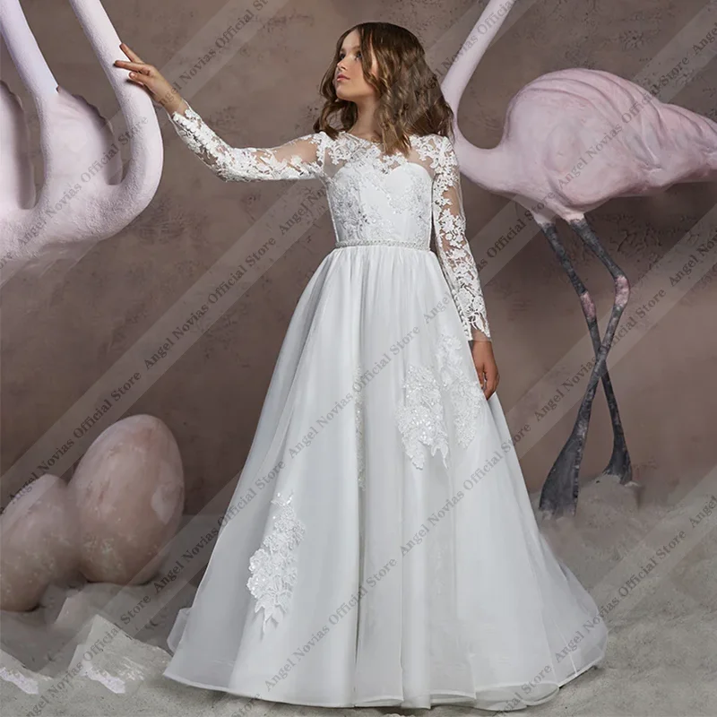 Customized Long Sleeves White Organza Wedding Flower Girl Dress for Kids with Appliques Birthday First Communion Dress