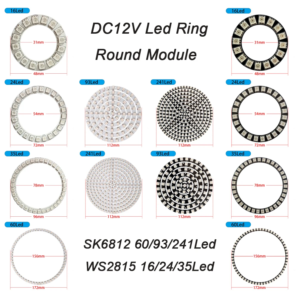 DC 12V LED Ring Light Color 3Pin Individual Pixels Round Module 5050 RGB Buiit-in IC SK6812/WS2815 Black White PCB