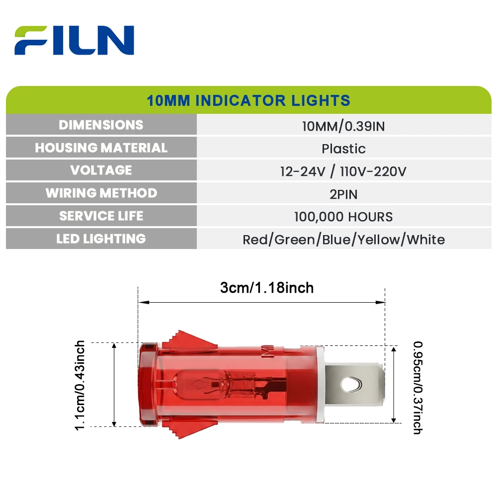 FILN 3PCS 10mm LED Indicator Lights IP67 Waterproof Signal Lamps 12V-24V/110V-220V for Car Boat Power Supply Equipment Panel