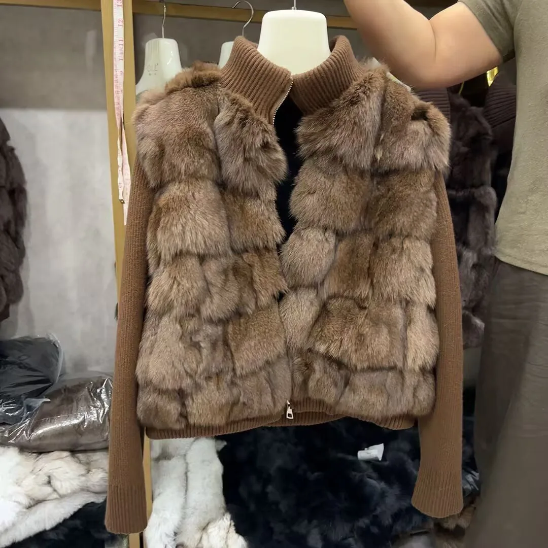 Neue Damen-Fuchspelzjacke mit Strickärmeln für Herbst- und Wintermode Natürliche Echte Fuchspelz-Lederjacke
