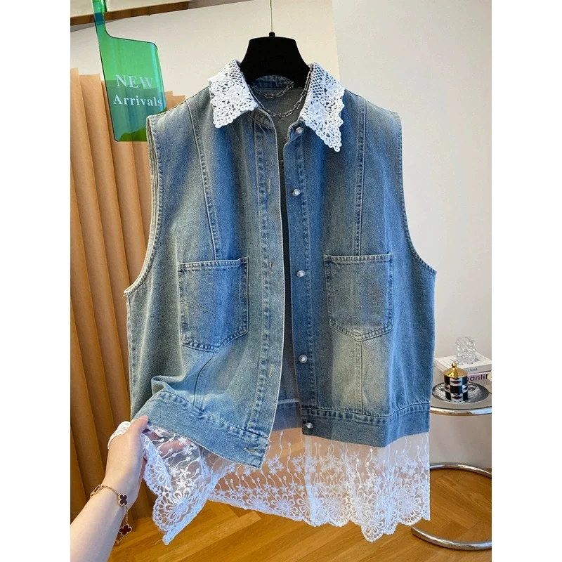

Women Denim Vest Autumn Summer Casual Sleeveless Jacket Lace Splicing Jean Coat Streetwear Female Cowboy Waistcoat Chaleco Mujer