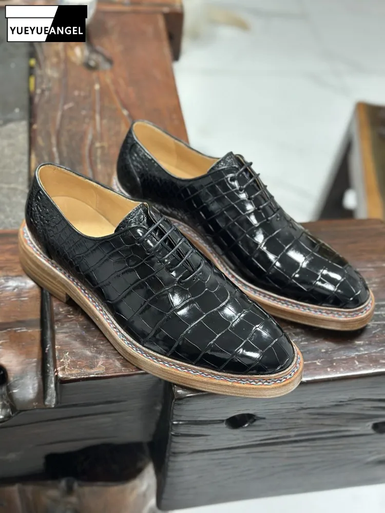 British Style Luxury Mens Crocodile Skin Dress Shoes Black Lace-Up Genuine Leather Business Formal Shoes High Quality Footwear