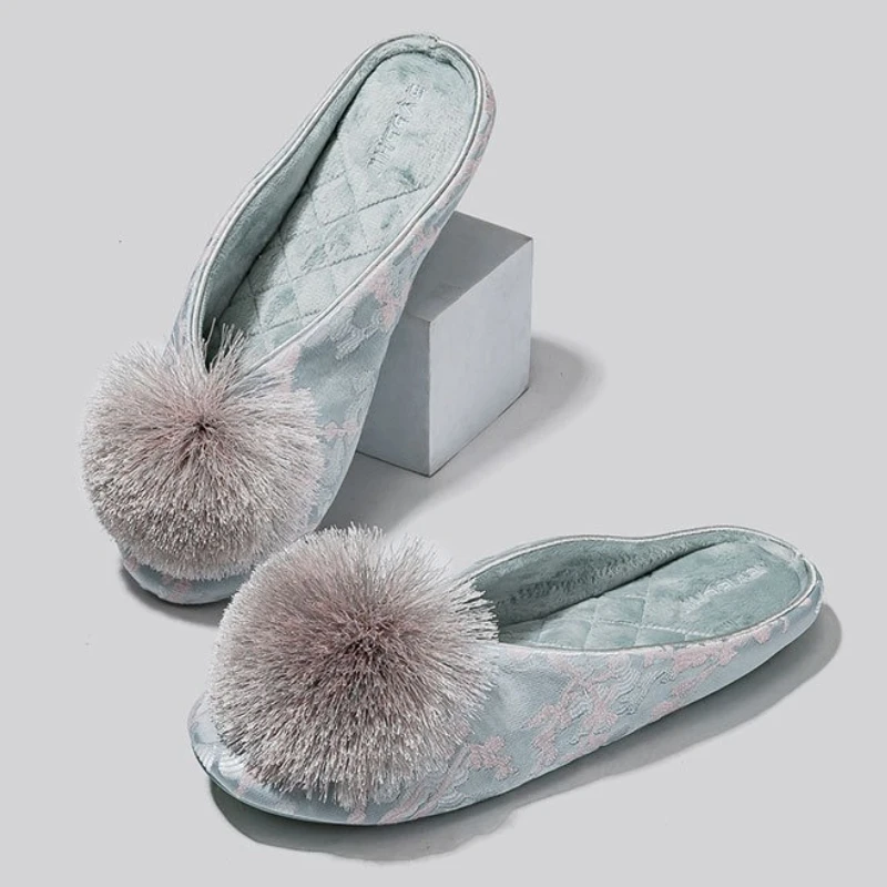 

Hairball Winter Warm Flat Home Slippers Women Satin Embroidery Comfort Indoor Slides Female Non-slip Fluffy Plush Cotton Shoes