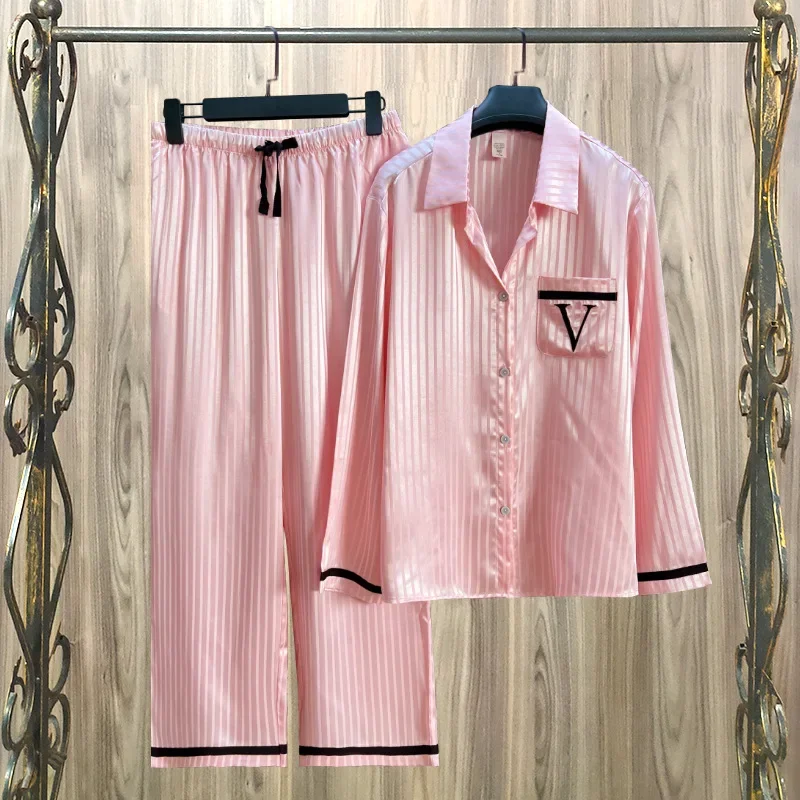 Conjunto de pijama de satén elástico de seda fina para mujer, pantalones de manga larga, mismo estilo VS, para el hogar, primavera y verano