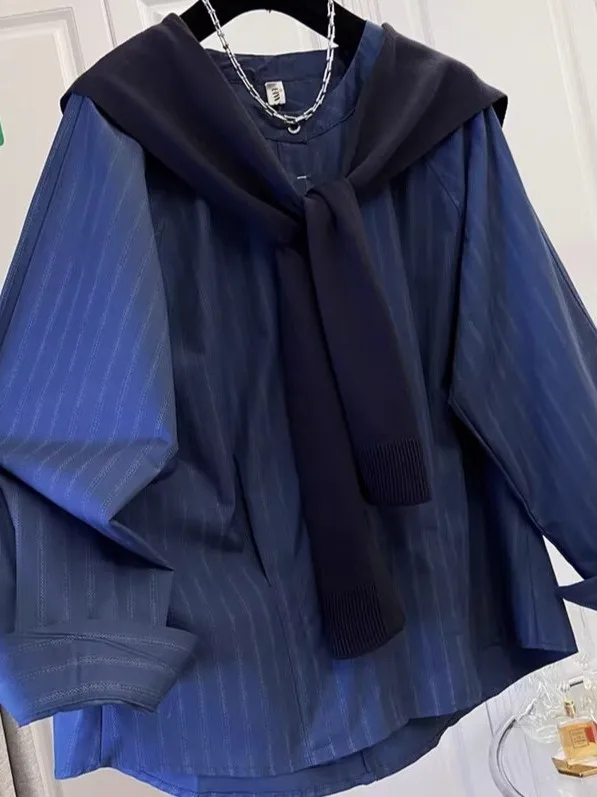 

Рубашка унисекс в полоску свободного кроя с длинным рукавом на пуговицах в университетском стиле, весенняя, для раннего сезона, больших размеров (до 300 фунтов)