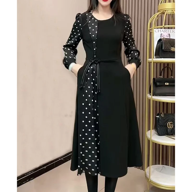 Fashion O-Neck Button Polka Dot Fake Two Pieces Midi Dress Women\'s Clothing Autumn New Loose Office Lady Vintage Dresses