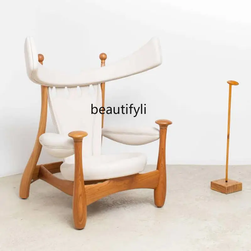 

Designer Artistic Creative Solid Wood Sofa Leather Art Chinese Style Model Room Leisure Homestay Retro Chief Single Chair