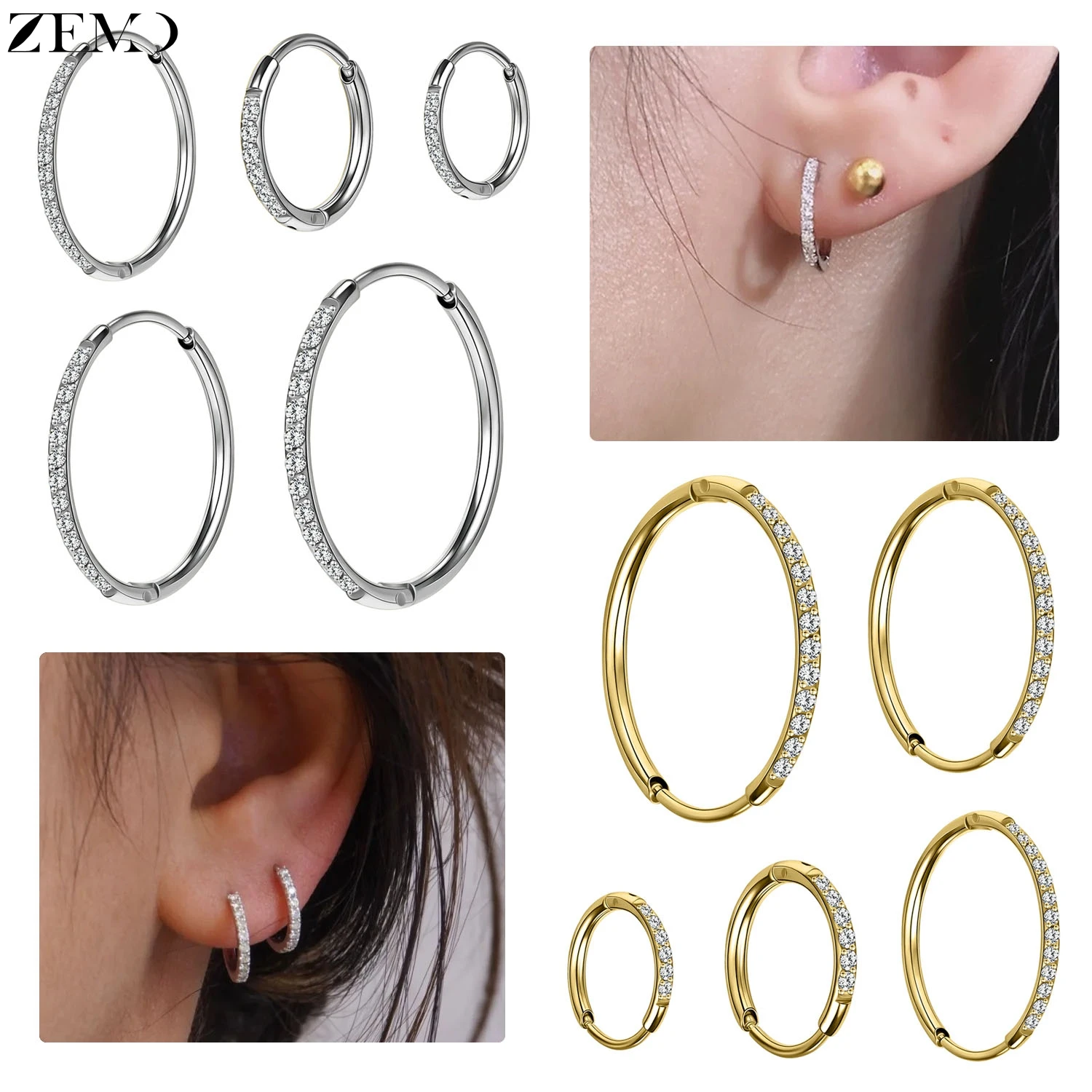 

ZEMO 1 Piece 20G Stainless Steel Hoop Earrings Women Men CZ Crystal Circle Earring Clicker Ear Helix Cartilage Piercing 6MM-14MM