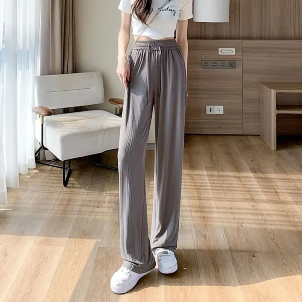 Solid Color Wide Leg Pants Elastic Waist Loose Fit Ice Silk Pants Thin Design Breathable Fabric Straight Leg Pants Summer Season