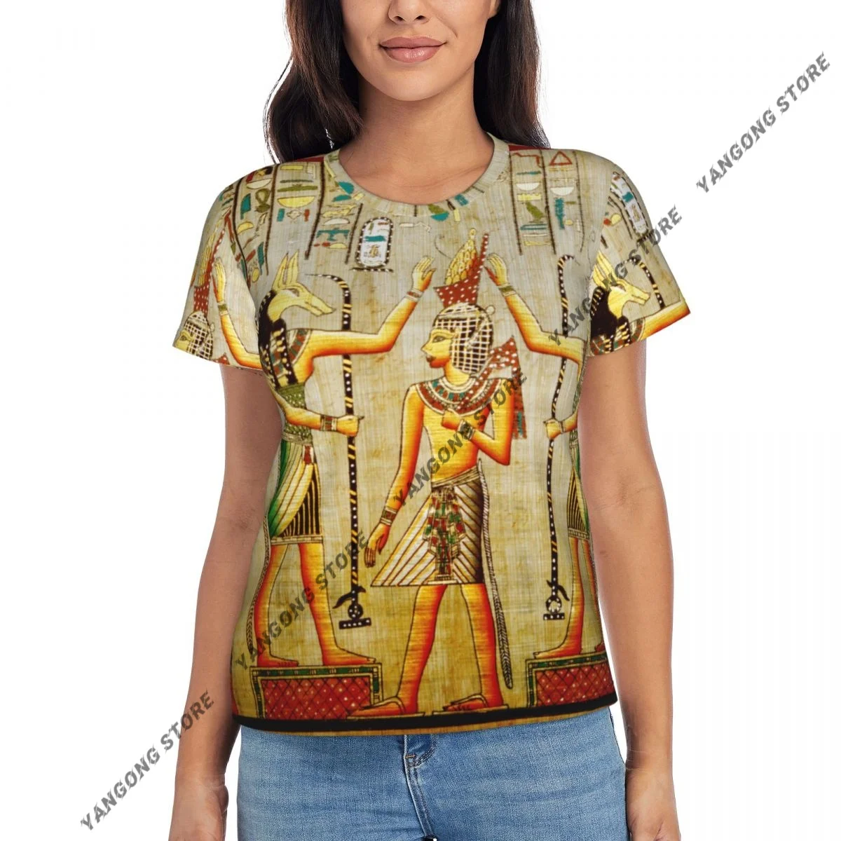 عارضة الصيف امرأة نحيل تي شيرت مجسم ضيق قصير الأكمام س الرقبة المحملة الأساسية مصر القديمة نمط تي شيرت #6
