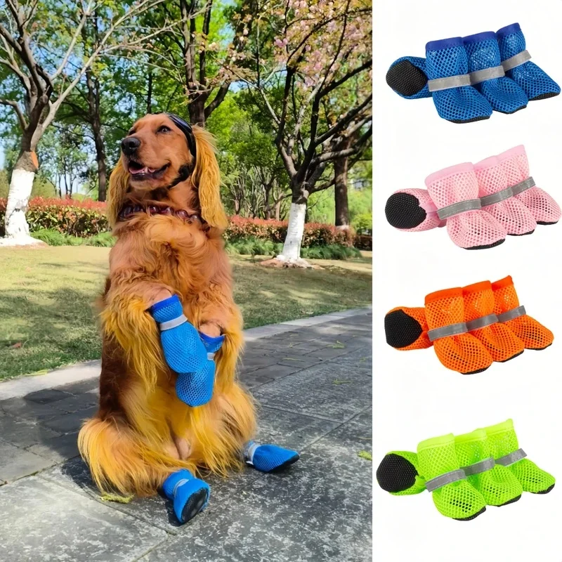 4Pcs Summer Dog Shoes Breathable Mesh Anti-Slip Pet Boots for Small Medium Dogs Cats Reflective Puppy Sandals