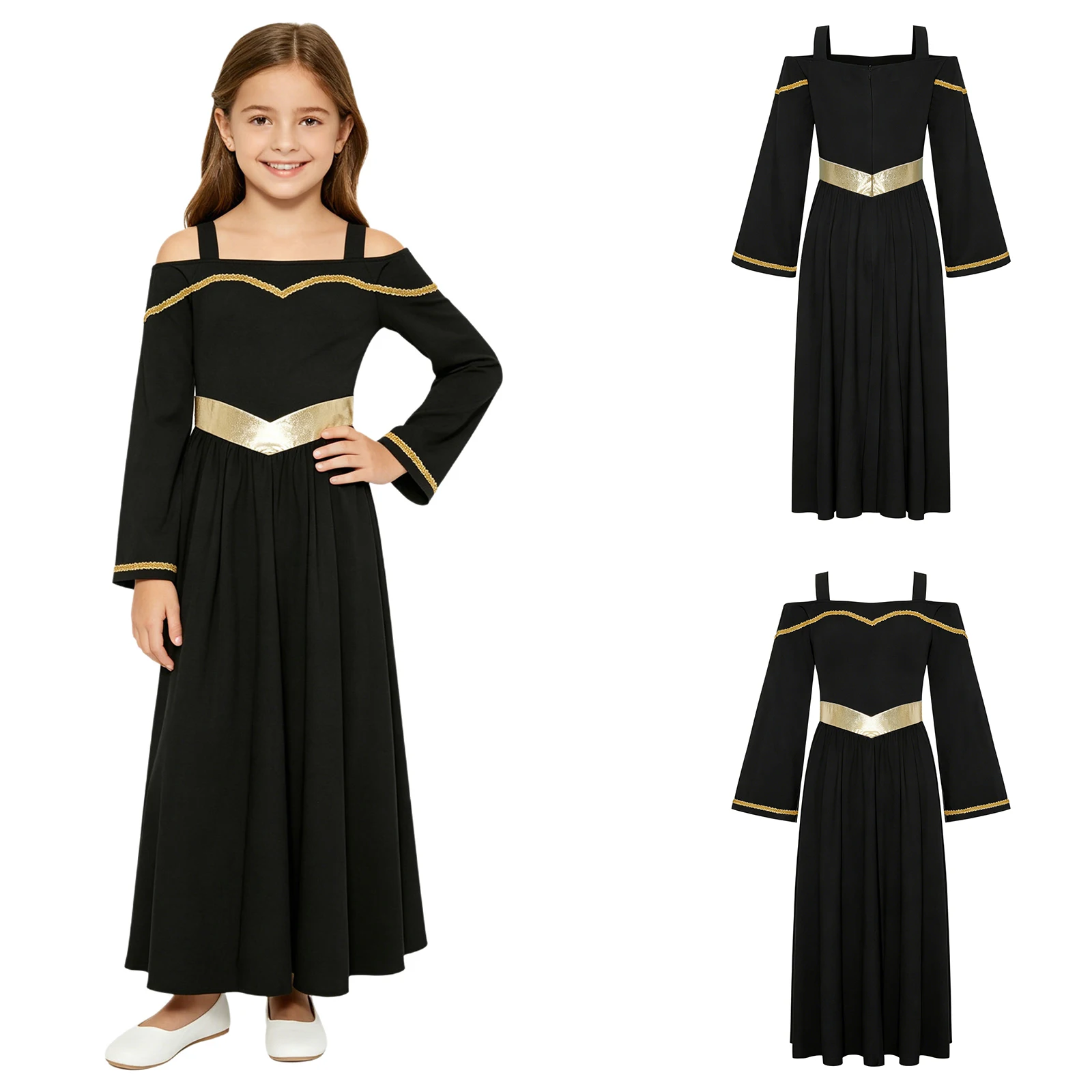 

Kids Girls Church Costume Angel Long Sleeve Cold Shoulder Dress Gold Trims Metallic Shiny Maxi for Worship Pray Costume Holy
