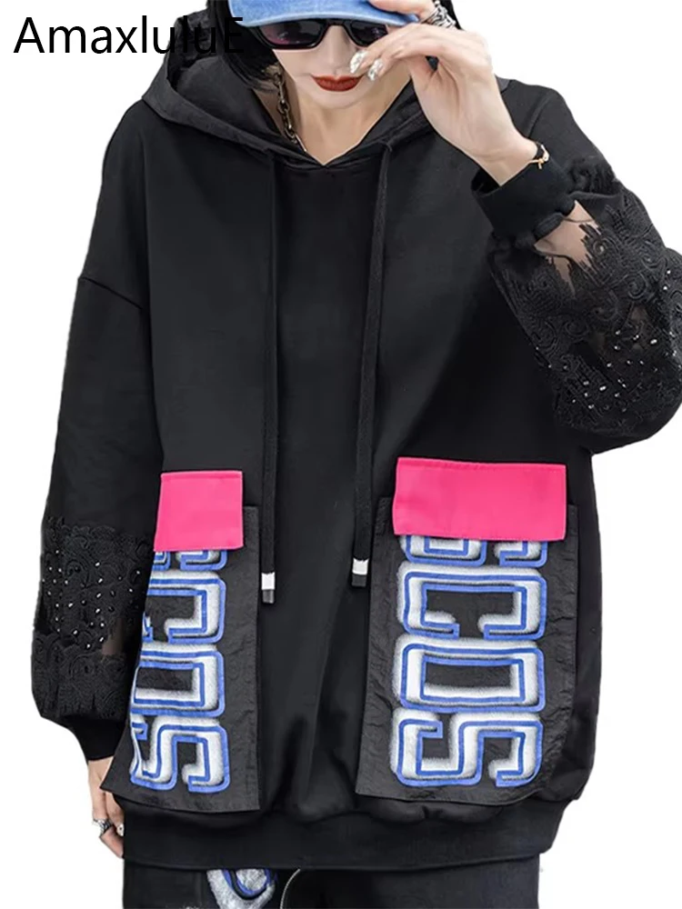 

Amax luluE Korean Fashion Lace Streetwear 2025 Spring Women Punk Hoodies Hooded Clothes Ladies Loose Casual Sweatshirts Big Size