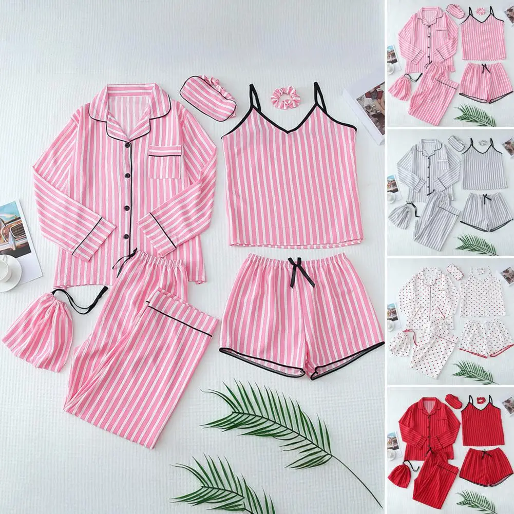 

Комплект из 7 предметов: роскошный атласный пижамный комплект для женщин с топом-комбинацией, рубашкой с длинным рукавом на пуговицах, шортами и брюками.