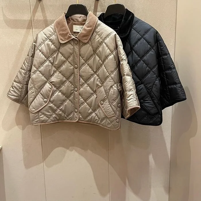 

Корейское хлопковое пальто с воротником-стойкой, для повседневной носки, с ромбовидными вставками, женское, укороченное, в деловом стиле