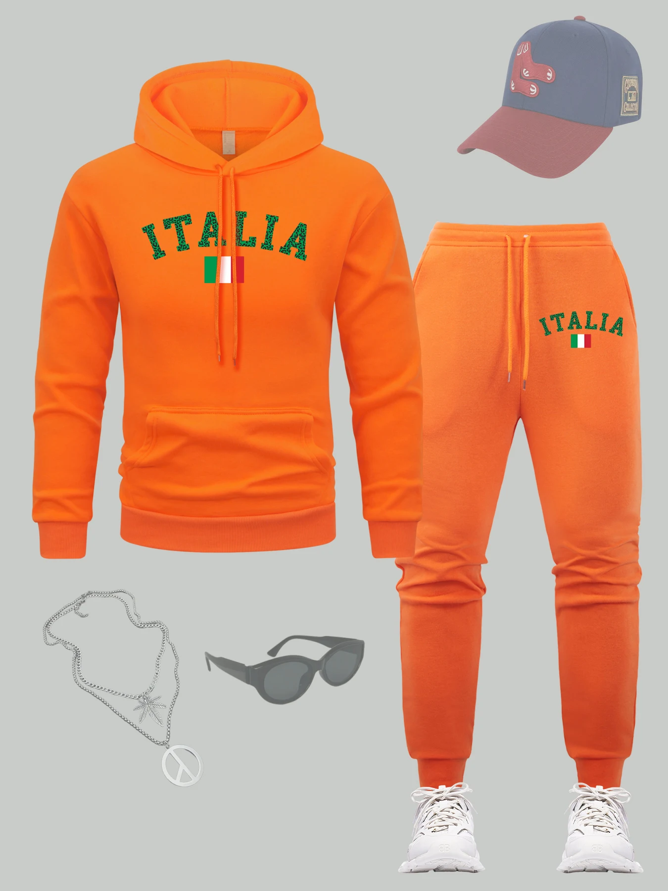 

Italia Creative Art Letter Pattern Men Hoodie Set Pocket Comfortable Clothing Sets Autumn Loose Hoody Fleece All-Match Sweatpant