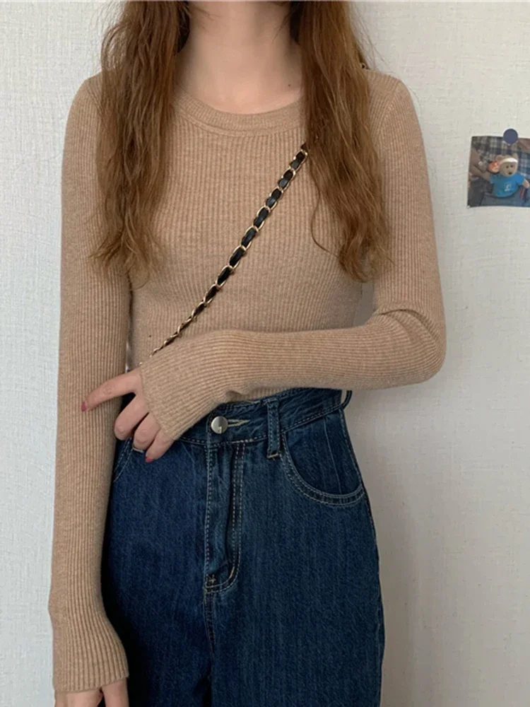 2025 neue Frauen Pullover Herbst Winter Langarm Pullover Grundlegende Top Mode Oansatz Elastische Weibliche Winter Solide Strick Jumper