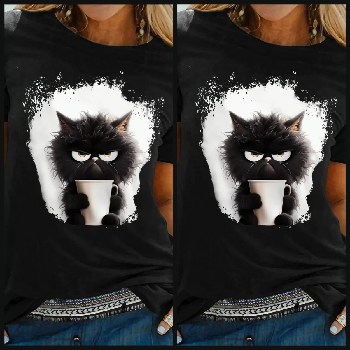 

Adult Children's Short Sleeve T-shirt 3D Printed Cat Daily Weekend Black Fashion Fun Round Neck Top for Children