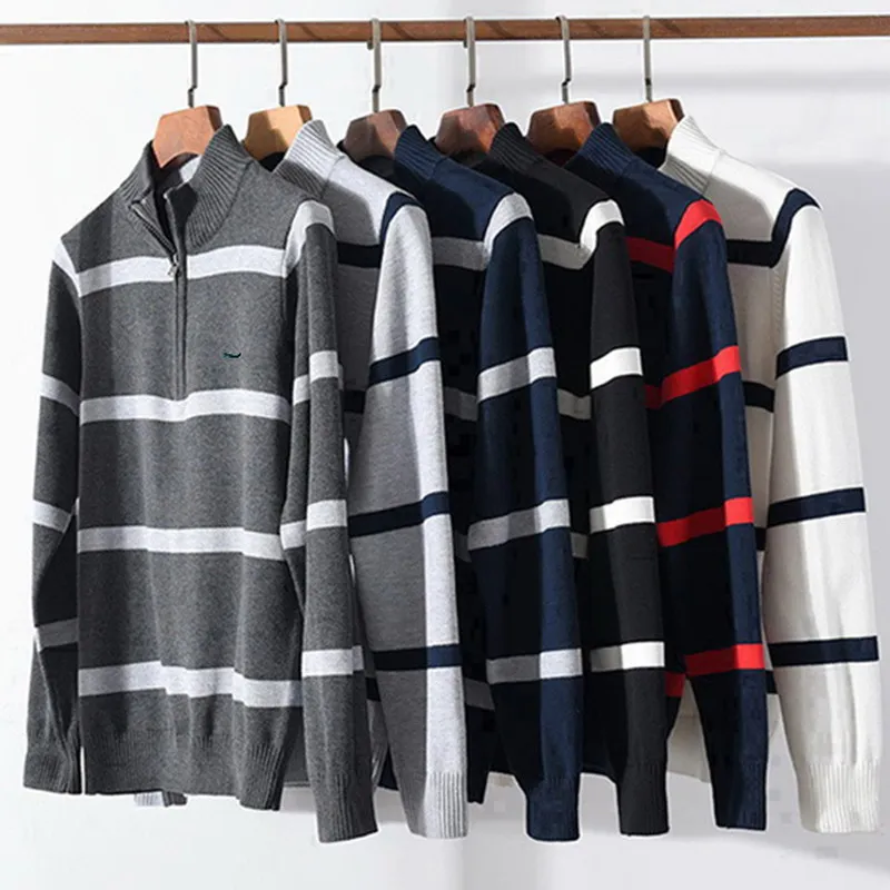 

100% Cotton High Quality Autumn Winter Men's Striped Sweaters Coat Pullovers Male Thick Stand Collar Fit Knitte Shark Yan Logo