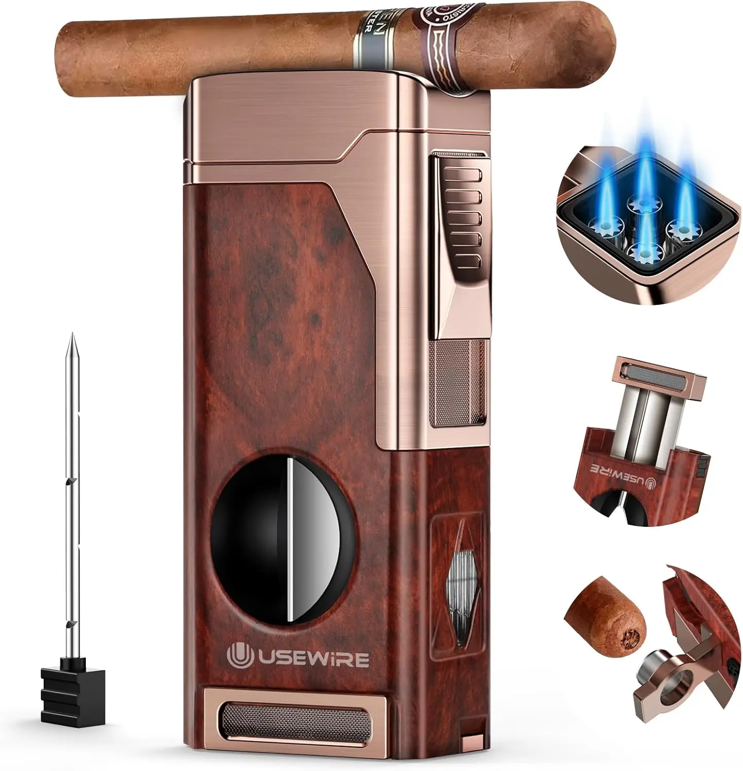 

Multifunctional Butane Torch Lighter with Cigar Cutter, Punch, Holder & Draw Enhancer - Windproof 4-Jet Flame