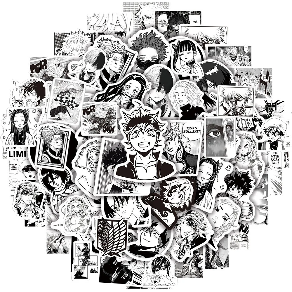 10/30/50/100pcs Mix Black White Anime Stickers One Piece Jujutsu Kaisen Cartoon Decals Laptop Phone Suitcase Cool Manga Sticker