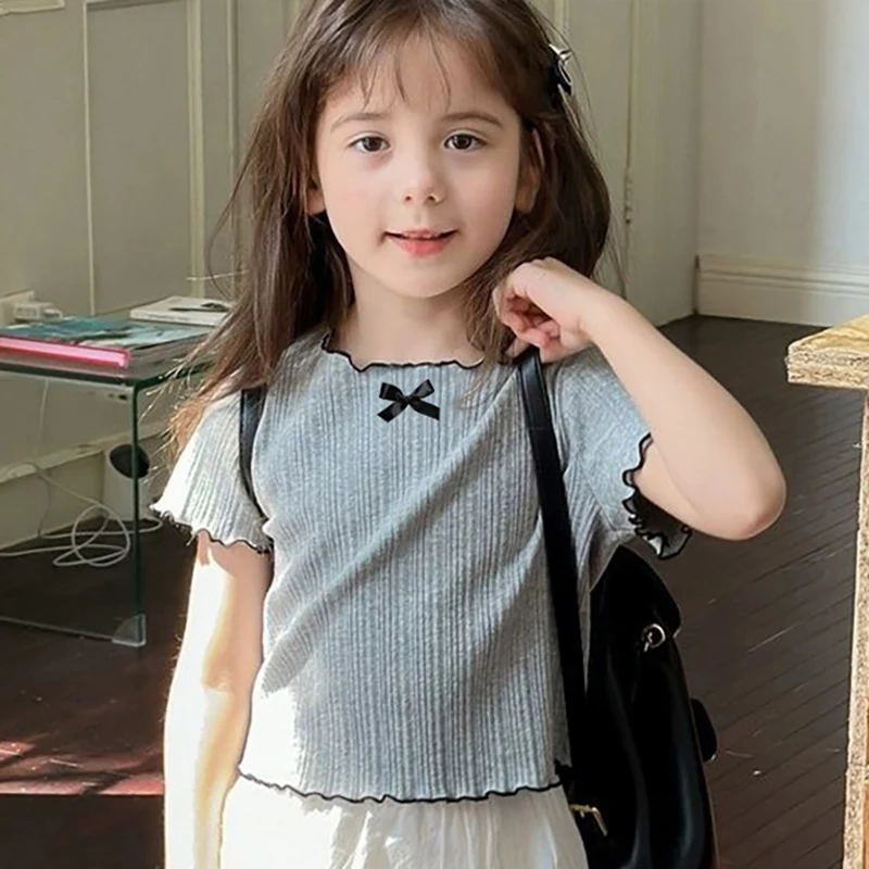 

1-12Y Girl's Shirts Korean Style Knitted Lace Trimmed Short Sleeve Summer Ruched Tops Trendy Breathable Bow Tie Versatile Tee