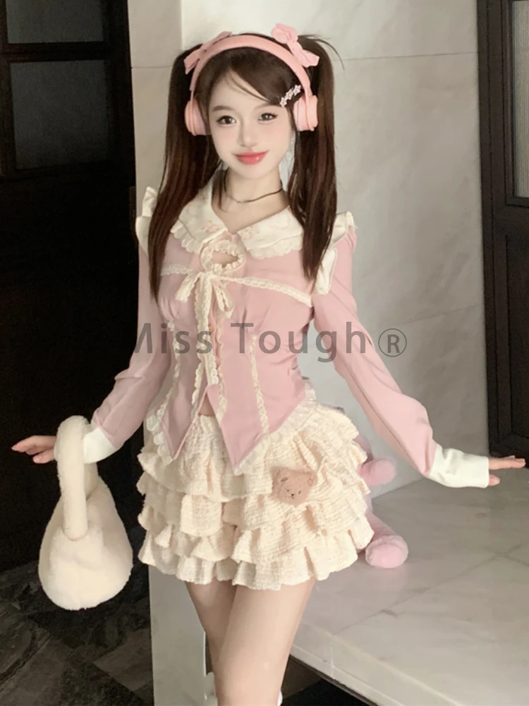 Autumn Japanese Kawaii Two Piece Set Women Hollow Out Designer Sweet Skirt Set Female Princess Ruched Cake Skirt Suit 2023 New