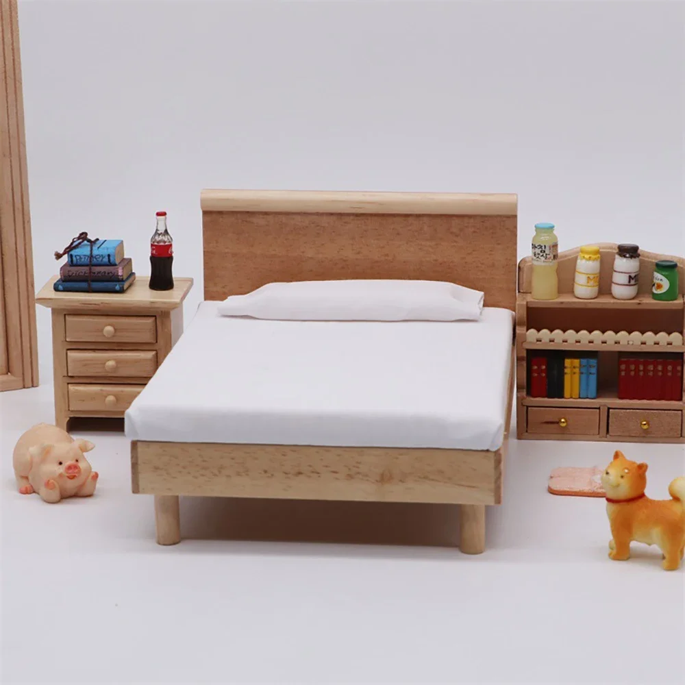 1/12 Dollhouse Miniature ไม้โมเดิร์นเตียงคู่มินิเฟอร์นิเจอร์ของเล่นสําหรับตุ๊กตาอุปกรณ์ House ตกแต่ง ob11 bjd
