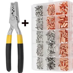 970pcs/set Copper Pipe Connection Joint Wire Small Copper Pipe Cable Crimp Terminal Lug Bushings Kit with Heat Shrink Tube Plier