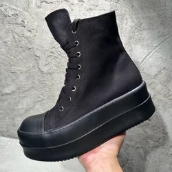 European Station New Twill Canvas Thick Sole Elevated Street Trendy Men's and Women's Board Shoes Breathable Mid Top Boots