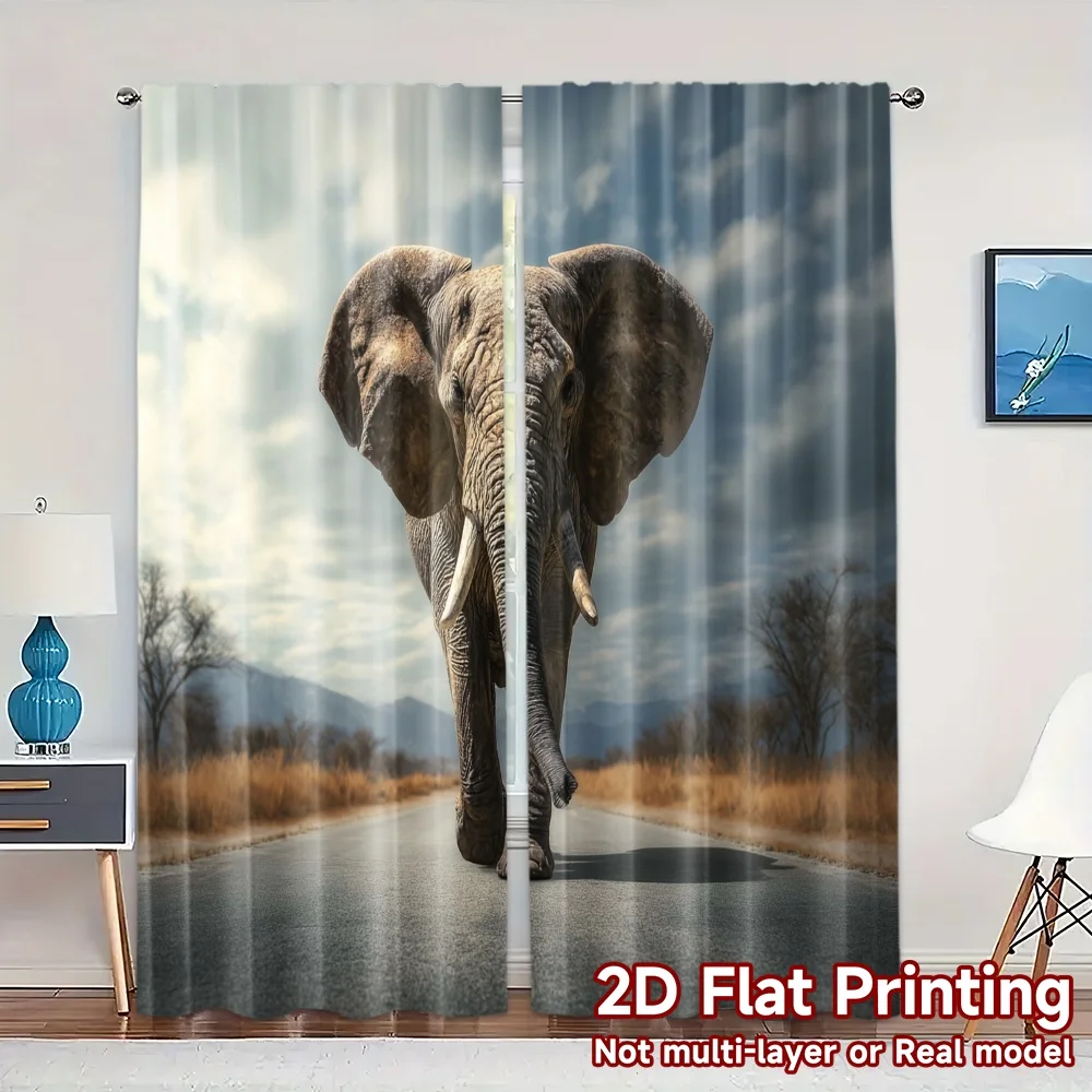 2pcs, 2D FLAT PRINTING Curtains (Without Rod) Elephant Stroll Popular Fashionable Curtains Durable Polyester Curtains Holiday