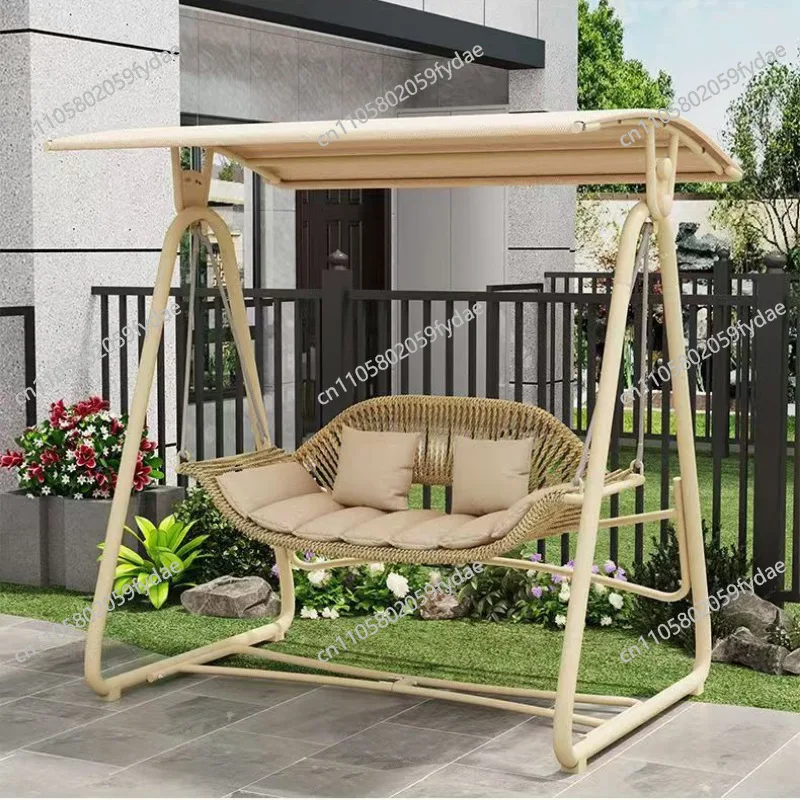 Silla colgante doble de mimbre engrosado y hierro forjado para patio de villa, balcón, exterior, tipo columpio y balancín de ocio