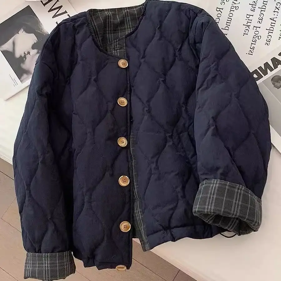 Korean Vintage Navy Pocket Lattice Edging  Cotton Parkas Winter Jacket Women Coat Short Thick Clothes Streetwear