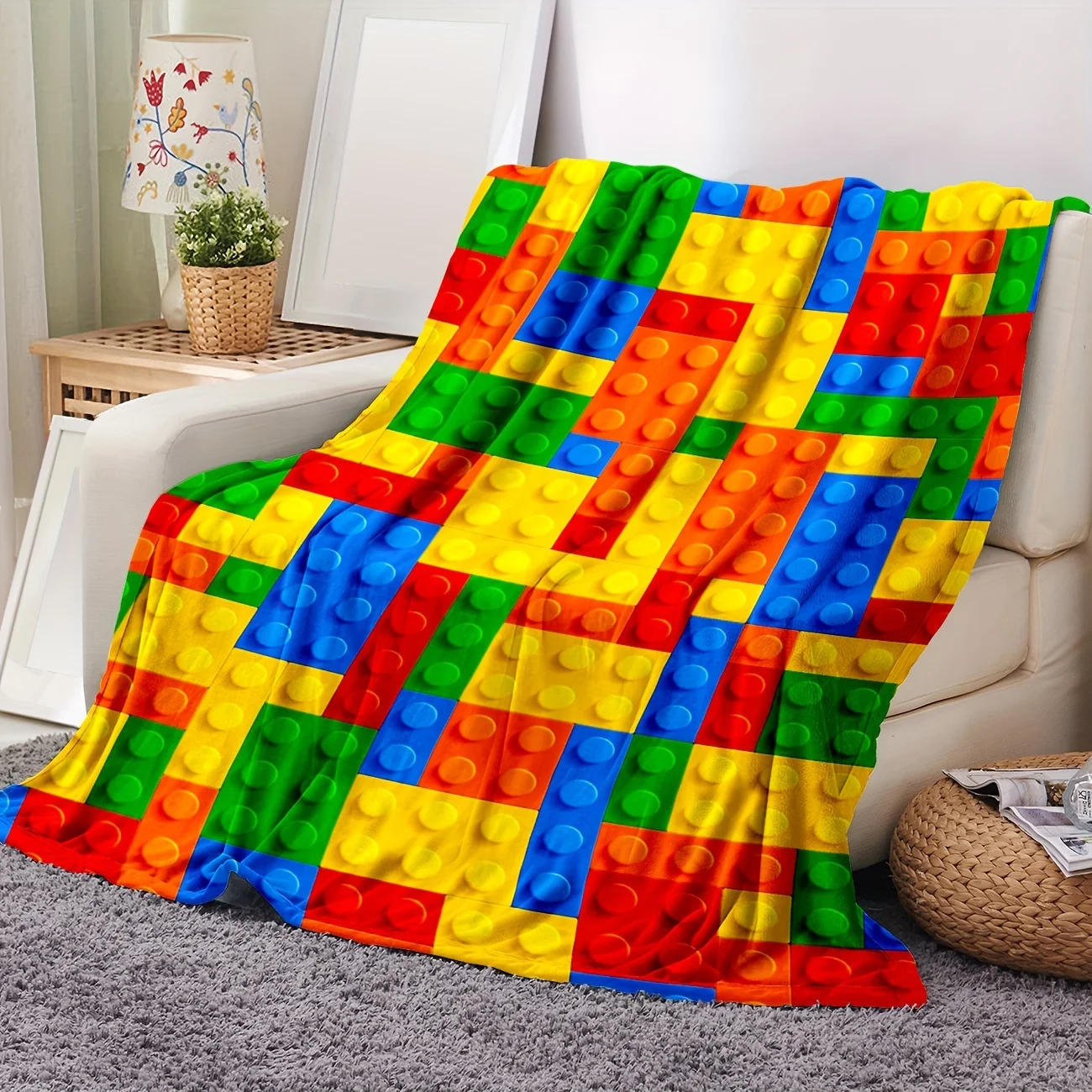 Building Block Design Flannel Blanket - Soft Lightweight All-Season Throw for Sofa, Bed, Travel & Camping - Contemporary Style