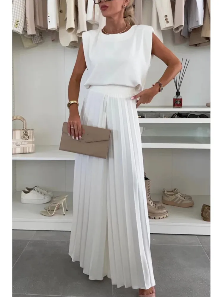 

Women Fashion Round-neck Sleeveless Top Wide-leg Trousers Two-piece Set Summer Elegant Pleated Comfortable Casual Commuting Set