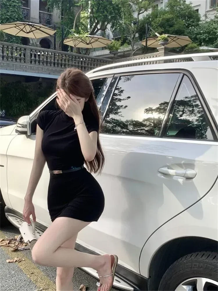 女性用ハイネックペンシルドレス,黒,カーキベルト,半袖,ミニドレス,ボトムス,セクシー,エレガント,有名人,ファッション