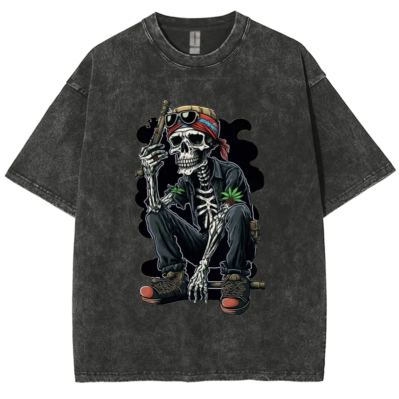 All-cotton short-sleeved top suitable for men and women summer American wash fashion brand loose skull pattern T-shirt