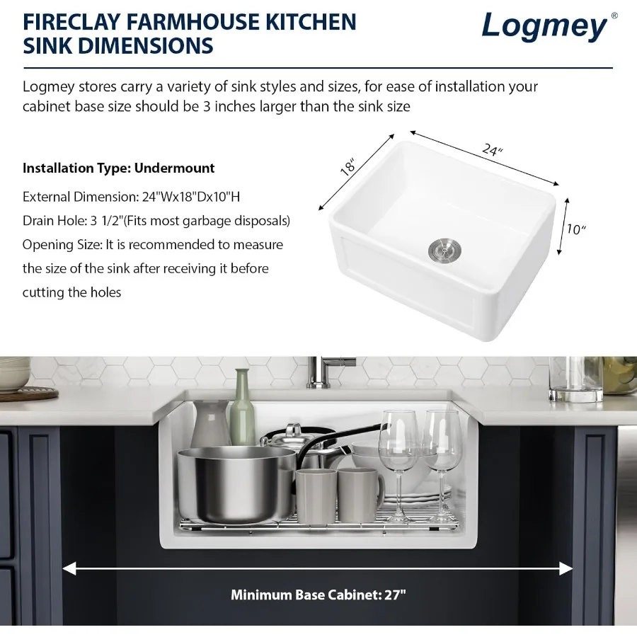 حوض مطبخ مزرعة أبيض مقاس 24 بوصة مع تصميم أمامي مريلة حوض سيراميك سفلي من Fireclay بوعاء واحد في كلاسي الريف